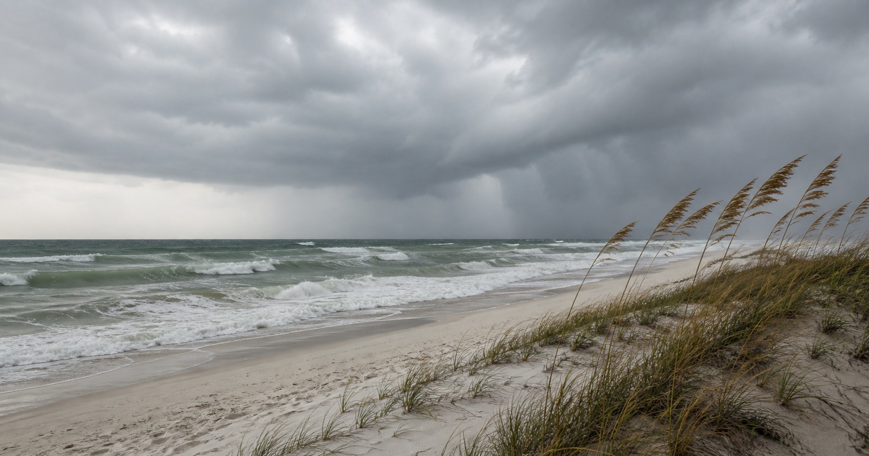 Sea oats and white sand dunes before a moody gulf sky on the Emerald Coast.